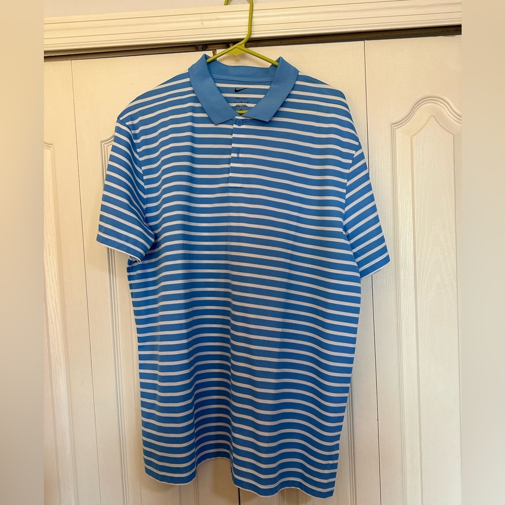 Nike Men's Light Blue and White Striped Polo